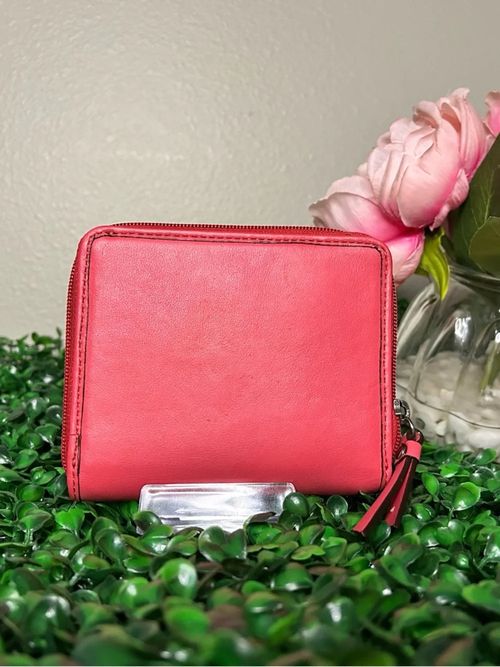 Coach Coral Pink Leather Zip Wallet with Front Pocket